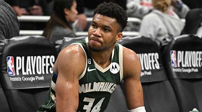 Milwaukee Bucks forward Giannis Antetokounmpo sits on the bench after the Bucks are eliminated from the 2023 playoffs.